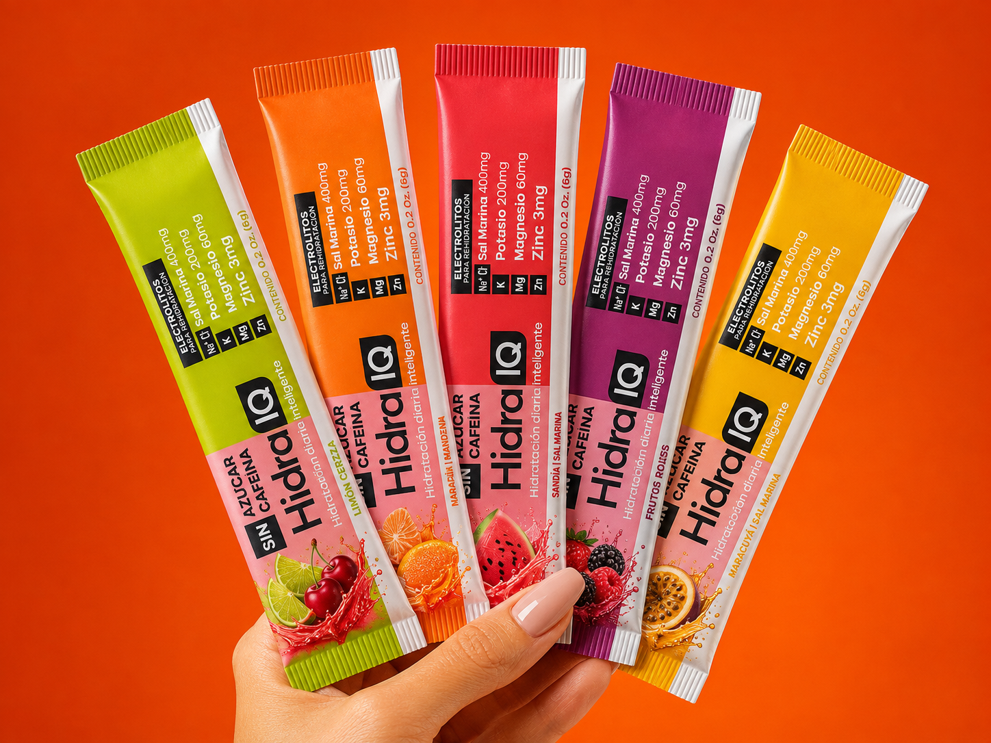Mano sosteniendo cinco stick packs Hidra IQ: limón cereza, maracuyá mandarina, sandía, frutos rojos y maracuyá