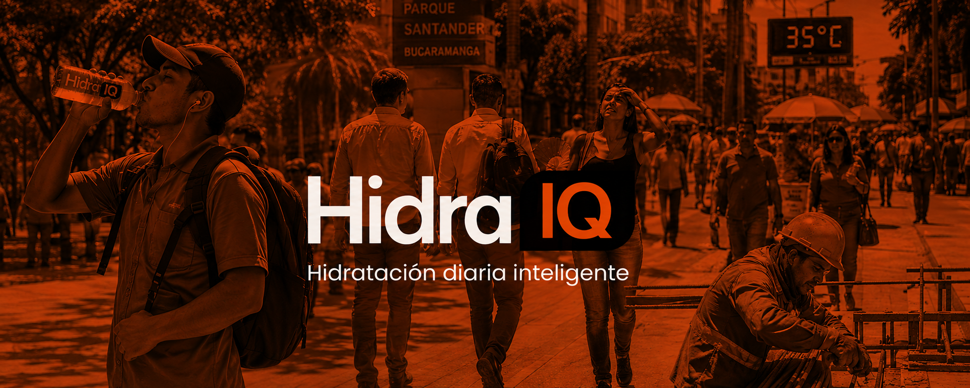 Hidra IQ · Hidratación diaria inteligente — personas hidratándose en las calles de Bucaramanga a 35 °C